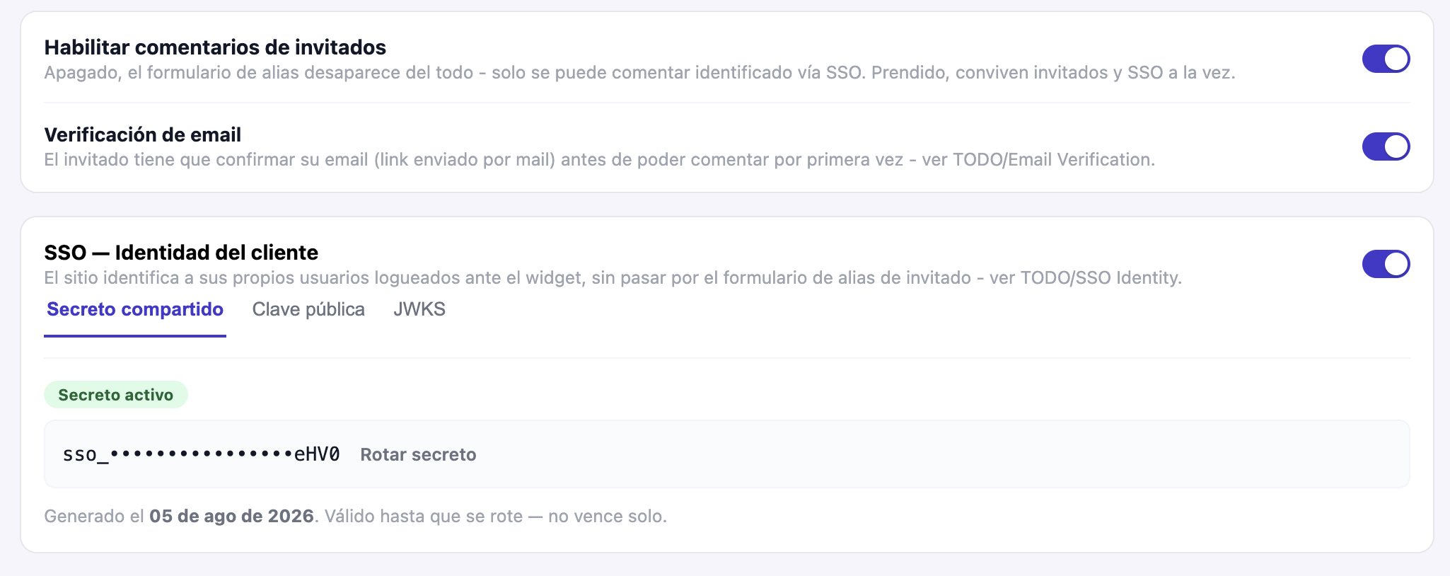 Panel de Autenticación en el admin de Civis, mostrando los interruptores de invitados, verificación de email y configuración de SSO