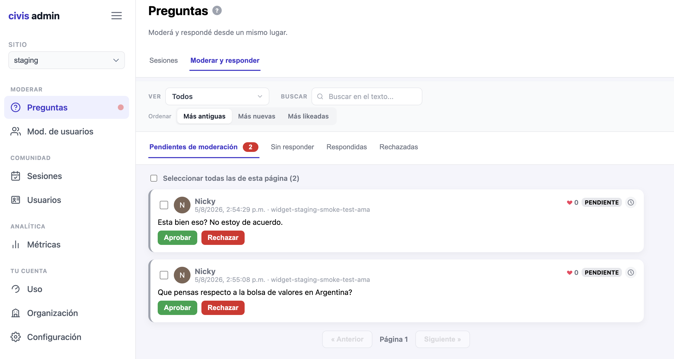 El panel de moderación de Civis mostrando las preguntas pendientes, listas para aprobar o rechazar