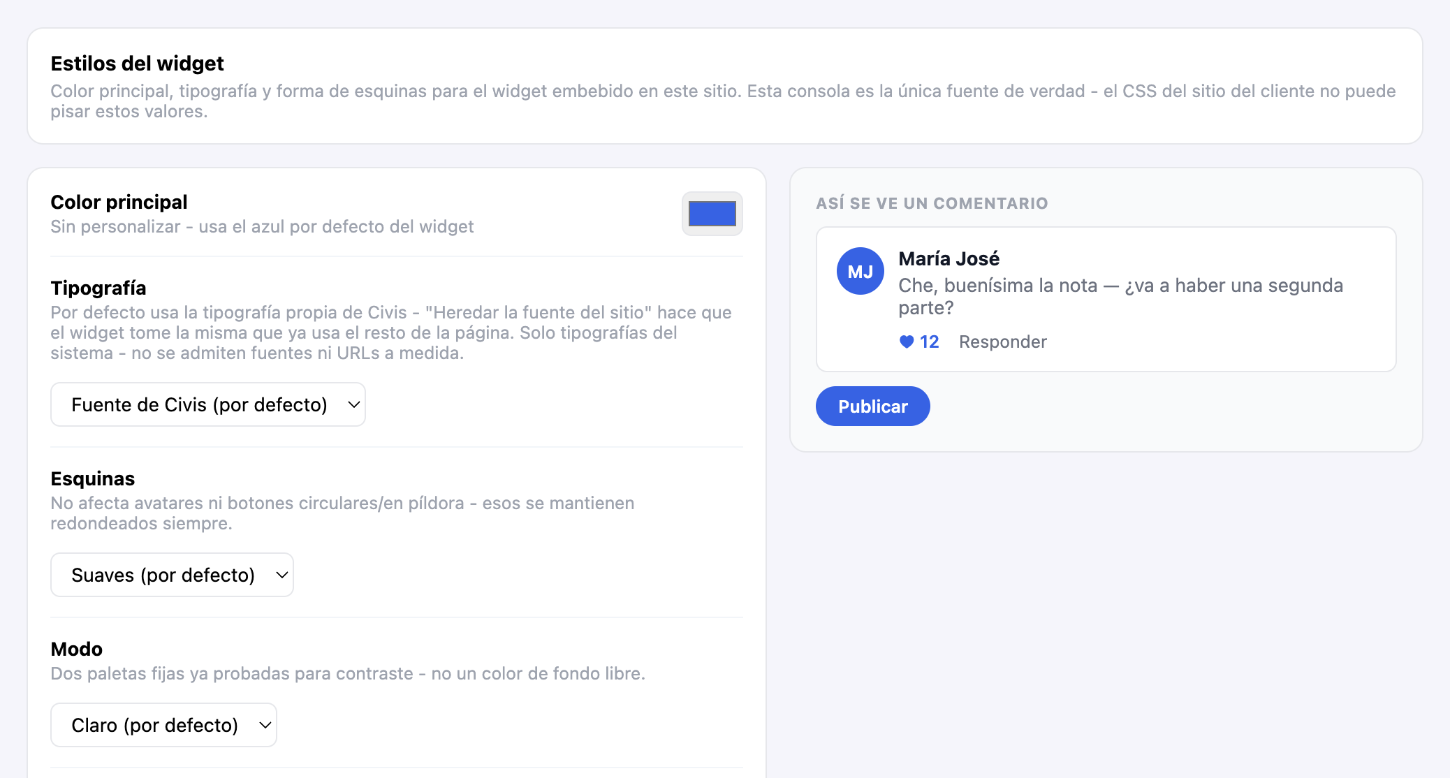 Panel de Estilos del widget en el admin de Civis, mostrando los controles de color, tipografía, esquinas y modo junto a la vista previa en vivo de un comentario