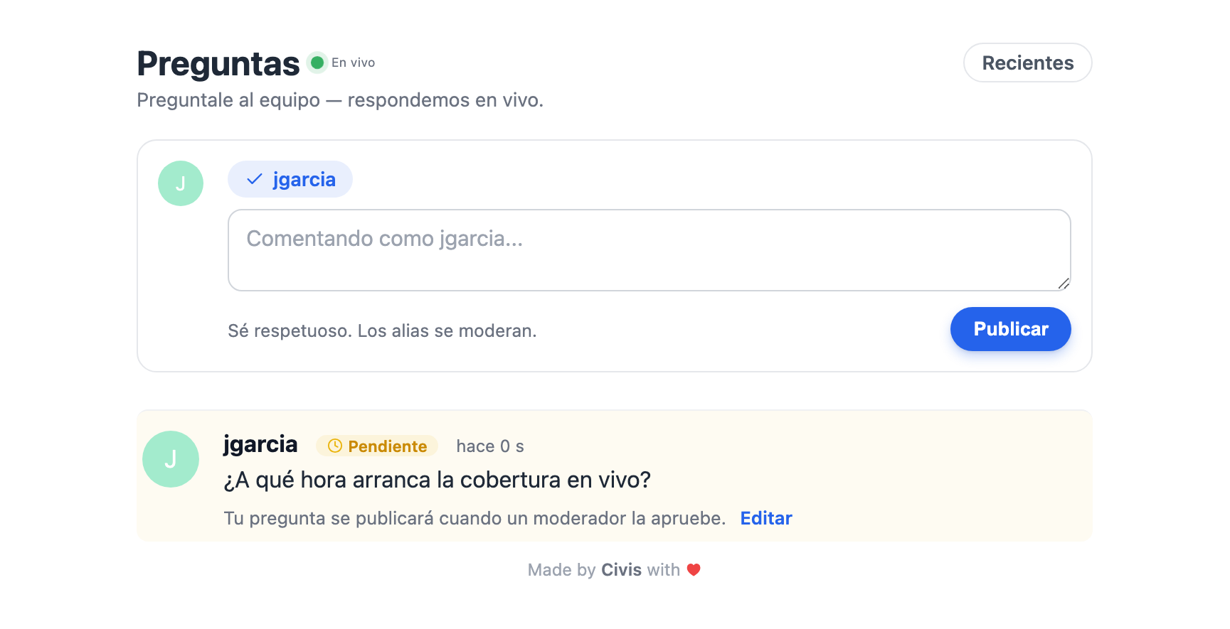 El widget de preguntas embebido en un sitio, con una pregunta pendiente de moderación