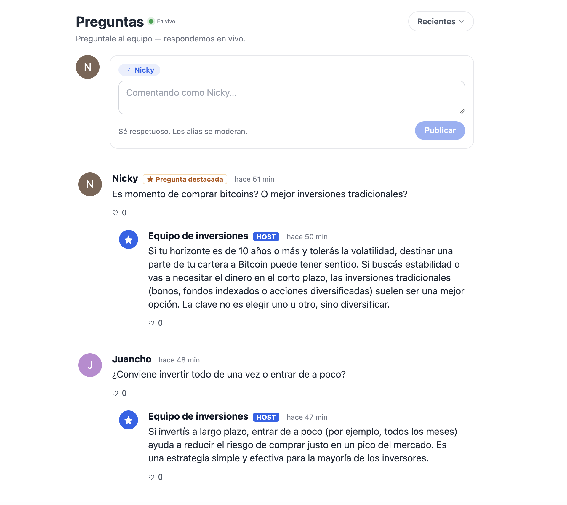 Widget de Civis en modo claro, mostrando dos preguntas de la audiencia ya respondidas por el equipo